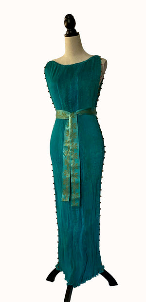 Verdant-Turquoise Pleated Silk Delphos Dress