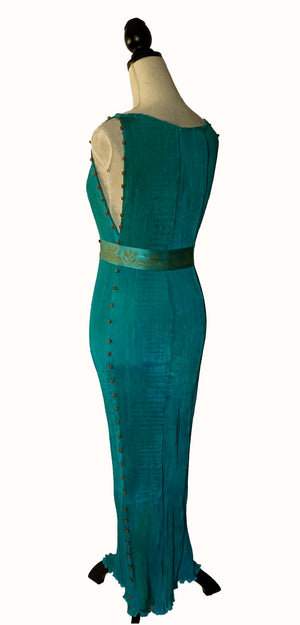 Verdant-Turquoise Pleated Silk Delphos Dress