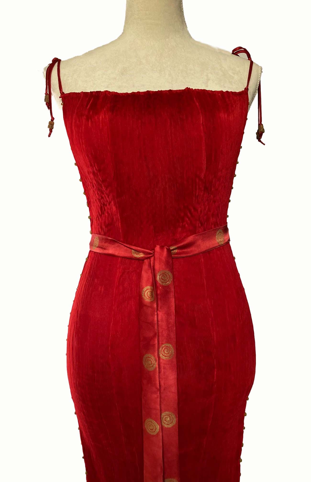 Crimson Pleated Silk Delphos Dress