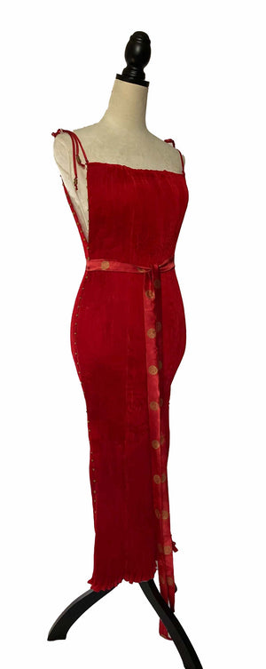 Crimson Pleated Silk Delphos Dress