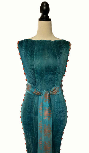 Teal Pleated Silk Delphos Dress